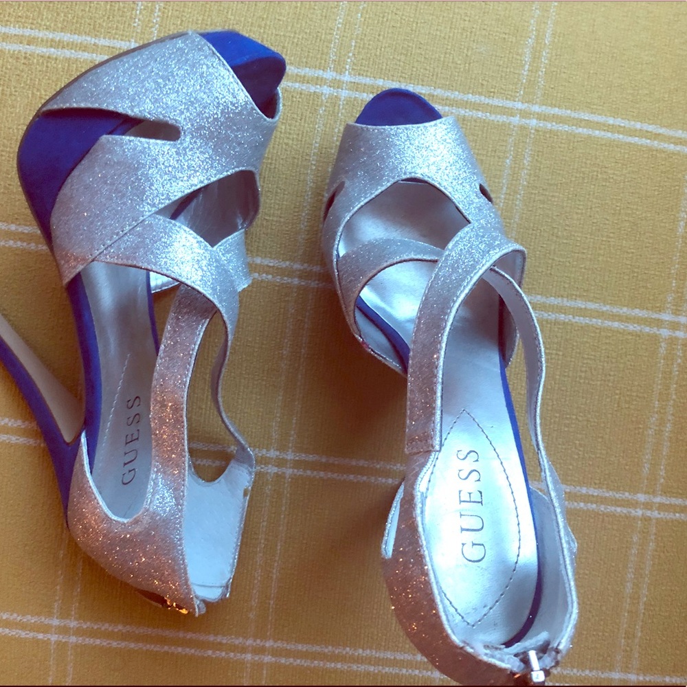 Guess blue and shiny silver heels size 6